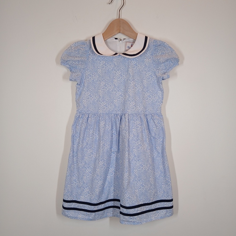Classic Prep Floral Dress Kids 8 Blue Cotton Peter Pan Collar Nautical Stripe